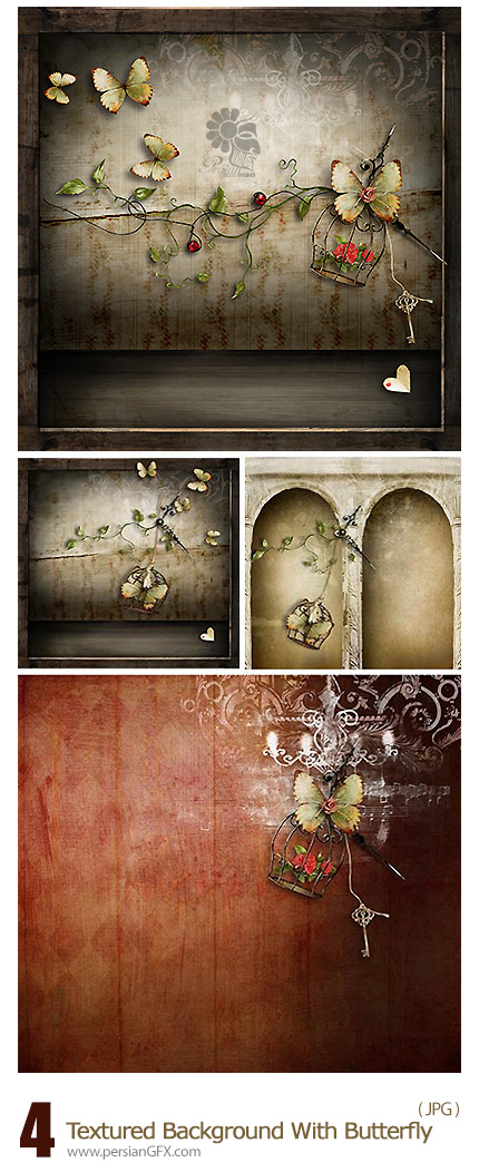 دانلود تکسچر با پس زمینه های تزئینی و پروانه - Textured Background With Butterfly Illustration