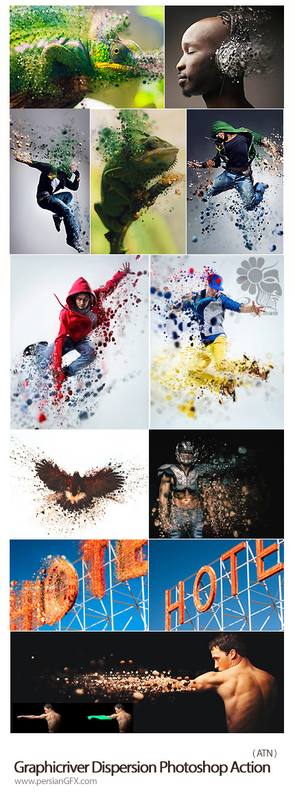  دانلود اکشن ایجاد افکت پراندگی ذرات ریز عکس از گرافیک ریور - Graphicriver Dispersion Photoshop Action