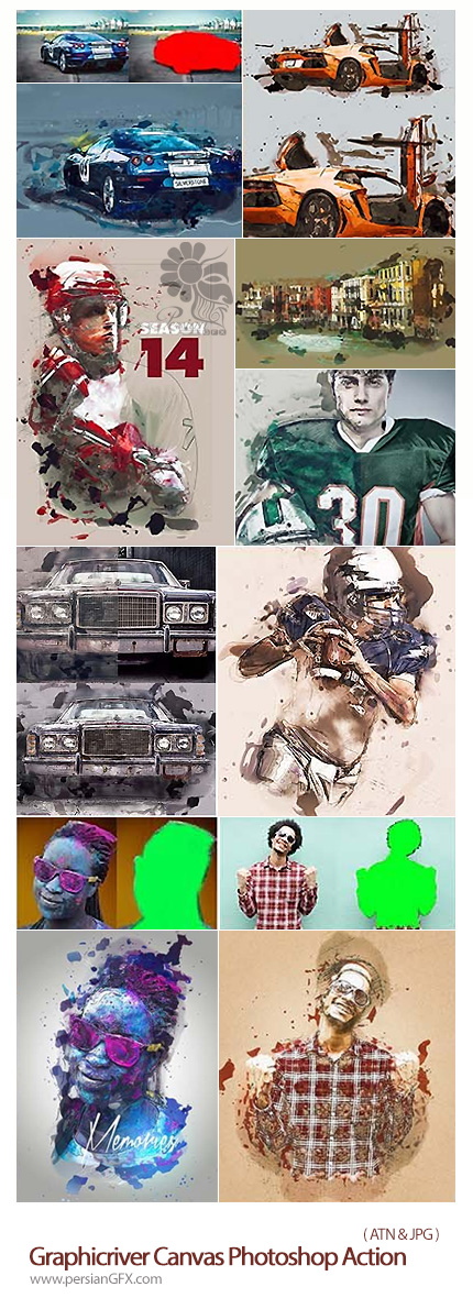 دانلود اکشن فتوشاپ تبدیل تصاویر به نقاشی پخش شده روی بوم از گرافیک ریور - Graphicriver Canvas Photoshop Action
