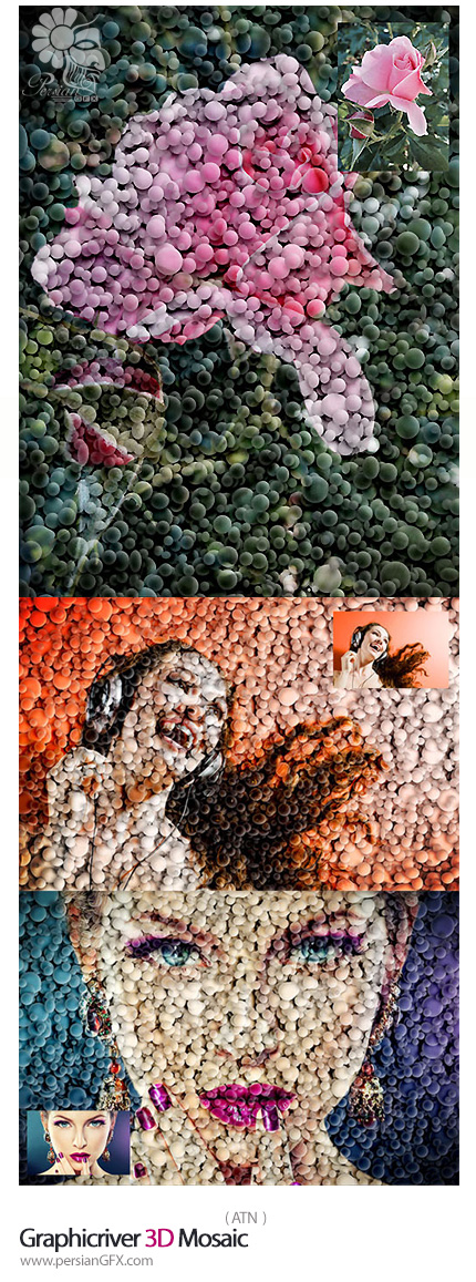 دانلود اکشن فتوشاپ ایجاد افکت موزاییکی سه بعدی بر روی تصاویر از گرافیک ریور - Graphicriver 3D Mosaic