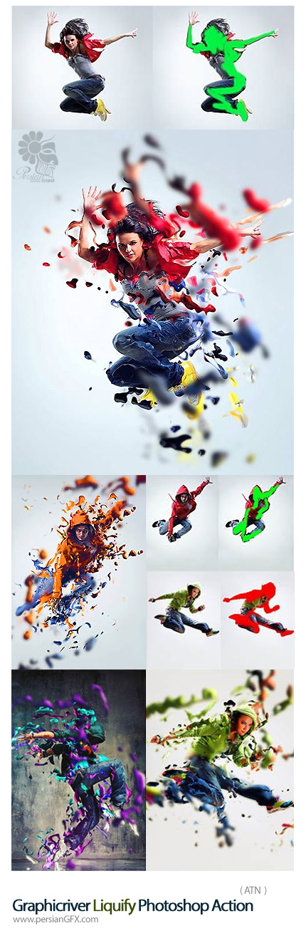 دانلود اکشن فتوشاپ ایجاد افکت ادغام ذرات مایع با تصاویر از گرافیک ریور - Graphicriver Liquify Photoshop Action