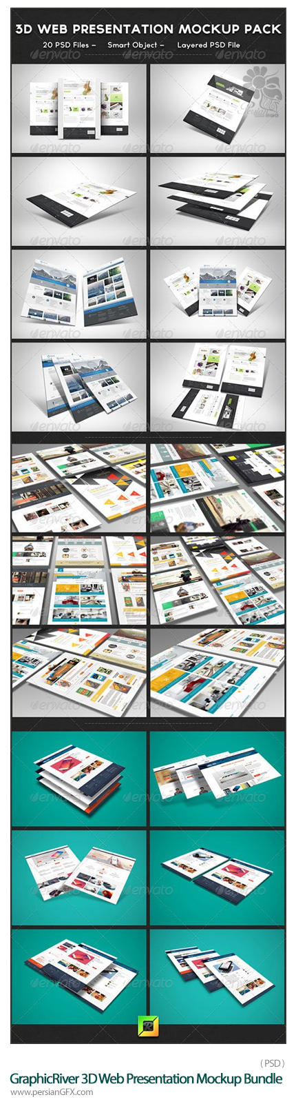 دانلود تصاویر لایه باز قالب پیش نمایش یا موکاپ صفحات وب سه بعدی از گرافیک ریور - GraphicRiver 3D Web Presentation Mockup Bundle