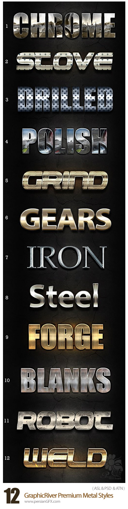 دانلود استایل با افکت های فلزی متنوع از گرافیک ریور - GraphicRiver 12 Premium Metal Styles