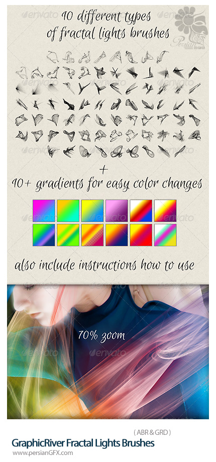 دانلود براش و گرادینت فتوشاپ افکت های نورانی رنگارنگ از گرافیک ریور - GraphicRiver 100 Fractal Lights Brushes For Visual Effects