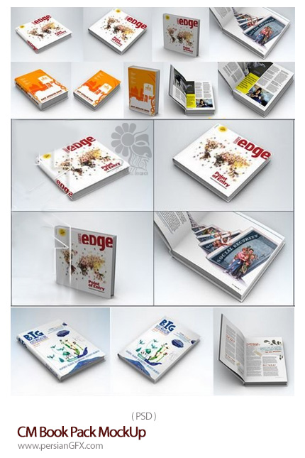دانلود تصاویر لایه باز قالب پیش نمایش یا موکاپ کتاب و جلد کتاب - CM Book Pack MockUp