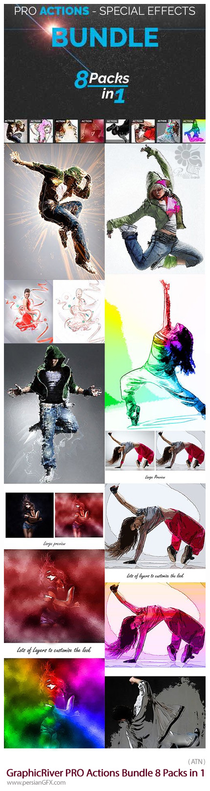دانلود مجموعه اکشن فتوشاپ با افکت های متنوع از گرافیک ریور - GraphicRiver PRO Actions Bundle 8 Packs in 1