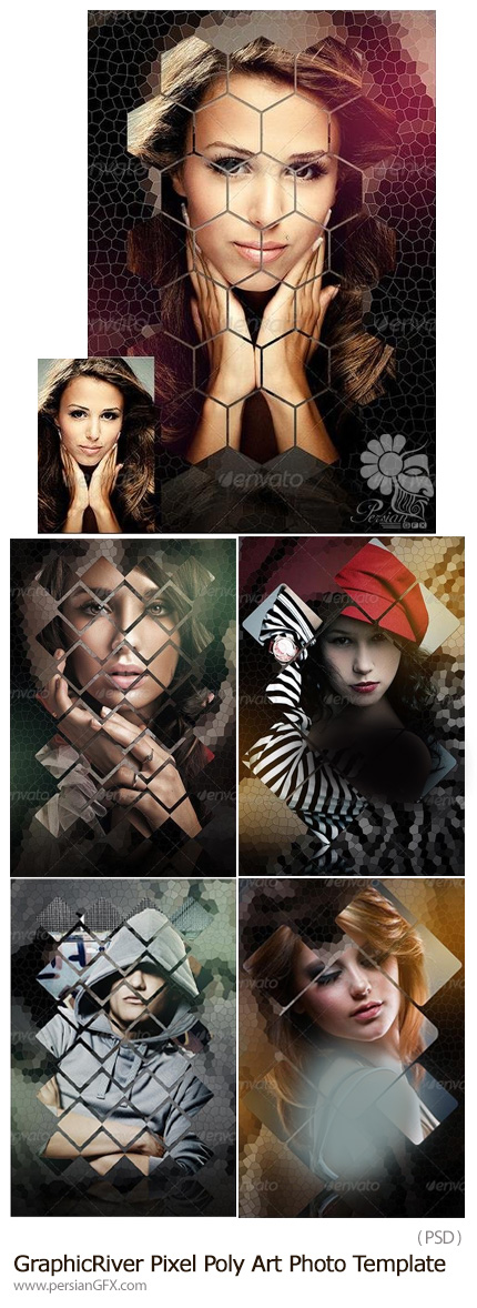 دانلود تصاویر لایه باز ایجاد افکت پیکسلی بر روی تصاویر از گرافیک ریور - GraphicRiver Pixel Poly Art Photo Template