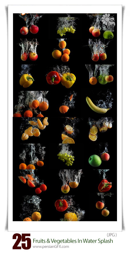 دانلود تصاویر با کیفیت میوه و سبزیجات افتاده در آب - Fruits And Vegetables In Water Splash