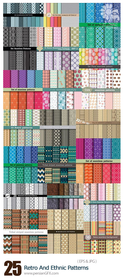 دانلود تصاویر وکتور پترن با طرح های متنوع - Retro And Ethnic Patterns