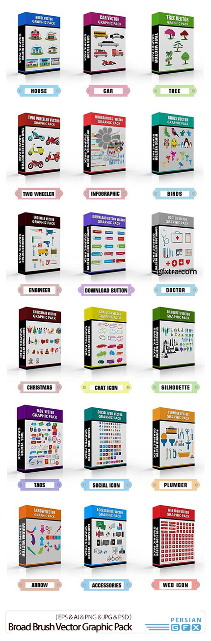 دانلود مجموعه تصاویر وکتور اشیاء و ابزار متنوع برای طراحی - Broad Brush Vector Graphic Pack 528 Graphics