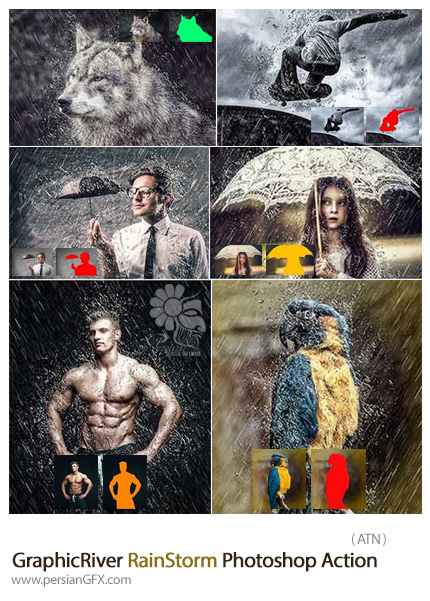 دانلود اکشن فتوشاپ ایجاد افکت باران شدید بر روی تصاویر از گرافیک ریور - GraphicRiver RainStorm Photoshop Action