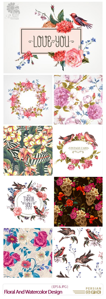 دانلود تصاویر وکتور عناصر تزئینی گلدار آبرنگی از شاتر استوک - Amazing ShutterStock Floral And Watercolor Design
