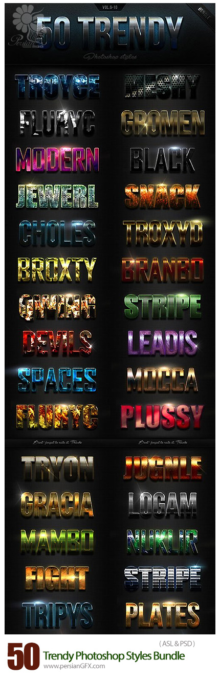 دانلود تصاویر لایه باز استایل با افکت های متنوع از گرافیک ریور - GraphicRiver 50 Trendy Photoshop Styles Bundle