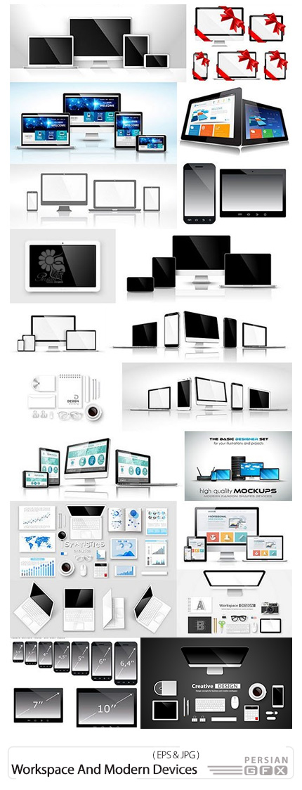 دانلود تصاویر وکتور فضای کاری و دستگاه های مدرن، لپ تاپ، تبلت، موبایل - Creative Design Workspace And Modern Devices