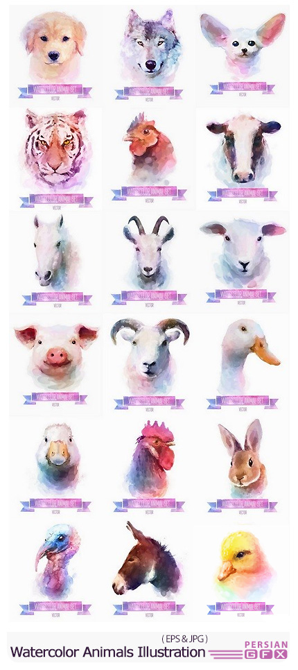 دانلود تصاویر وکتور آبرنگی حیوانات - Watercolor Animals Vector Illustration