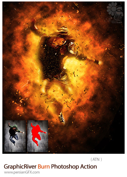 دانلود اکشن فتوشاپ ایجاد افکت انفجار شعله های آتش بر روی تصاویر از گرافیک ریور - GraphicRiver Burn Photoshop Action