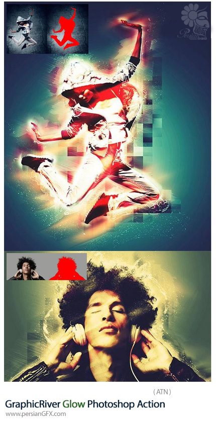 دانلود اکشن فتوشاپ ایجاد افکت انتزاعی درخشان بر روی تصاویر از گرافیک ریور - GraphicRiver Glow Photoshop Action