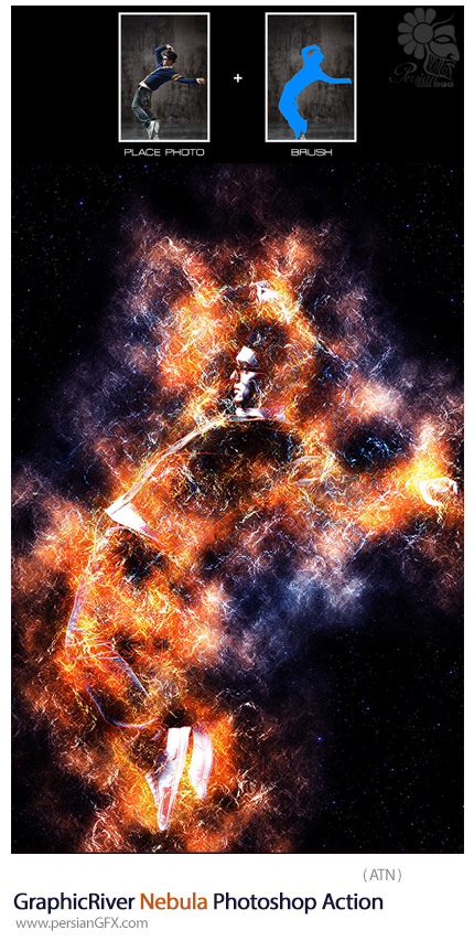 دانلود اکشن فتوشاپ ایجاد افکت ابرهای آتش، رنگی از گرافیک ریور - GraphicRiver Nebula Photoshop Action