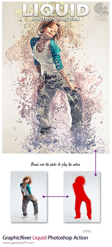 دنلود اکشن فتوشاپ ایجاد افکت مایعات پخش شده بر روی تصاویر از گرافیک ریور - GraphicRiver Liquid Photoshop Action