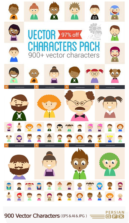 دانلود مجموعه تصاویر وکتور شخصیت های مختلف - 900 Vector Characters