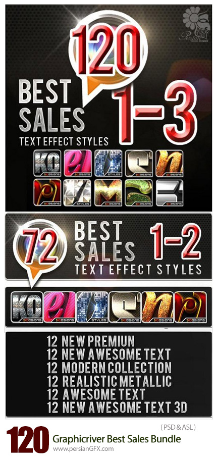 دانلود مجموعه تصاویر لایه باز استایل با افکت های متنوع از گرافیک ریور - Graphicriver 120 Best Sales Bundle