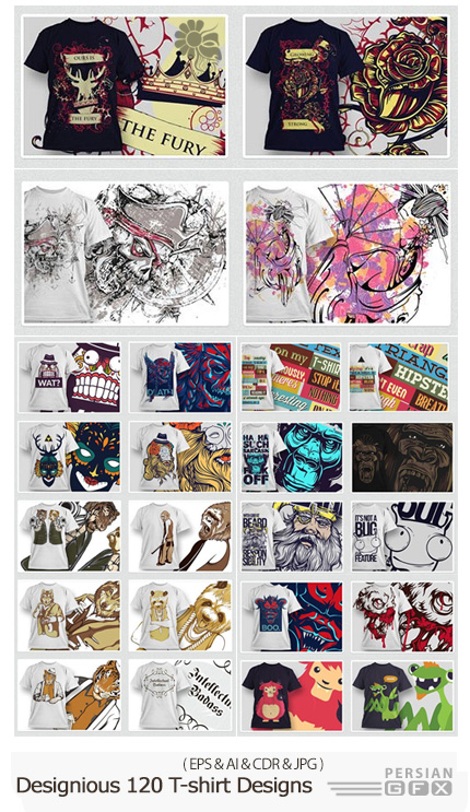 دانلود 120 تصویر وکتور طرح های متنوع تی شرت - Designious 120 T-shirt Designs