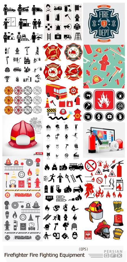 دانلود تصاویر وکتور آتش نشانی، آتش نشان، تجهیزات آتش نشانی - Stock Vectors Firefighter Fire Fighting Equipment