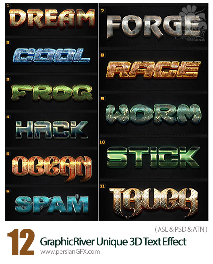 دانلود تصاویر لایه باز استایل با افکت های سه بعدی متنوع از گرافیک ریور - GraphicRiver 12 Unique 3D Text Effect Styles Actions