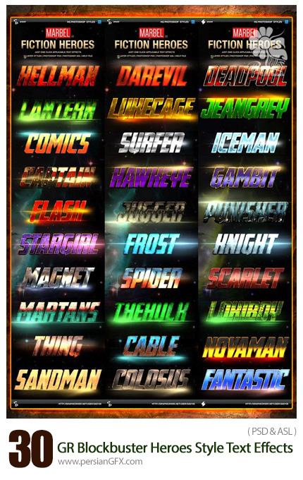 دانلود مجموعه تصاویر لایه باز استایل با افکت های متنوع از گرافیک ریور - Graphicriver Blockbuster Heroes Style Text Effects Bundle