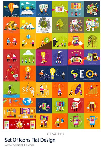 دانلود تصاویر وکتور آیکون های تخت متنوع - Set Of Icons Flat Design
