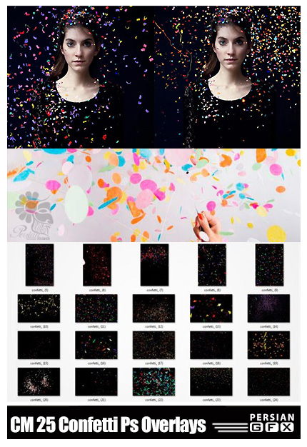 دانلود 25 تصویر کلیپ آرت عناصر تزئینی کاغذ رنگی و پولک - CM 25 Confetti Photoshop Overlays