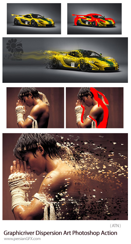 دانلود اکشن فتوشاپ ایجاد افکت پراکندگی ذرات عکس از گرافیک ریور - Graphicriver Dispersion Art Photoshop Action