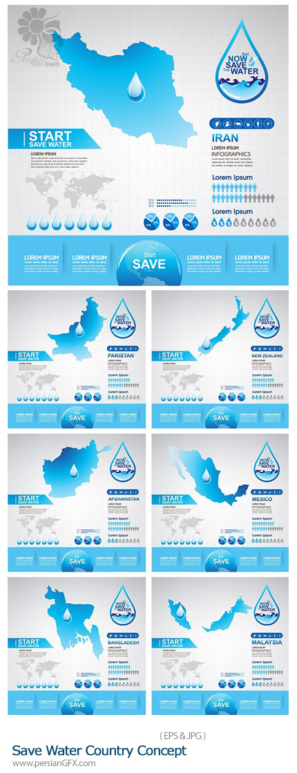 دانلود تصاویر وکتور اینفوگرافی، نمودار صرفه جویی آب در کشورهای مختلف - Save Water Country Concept