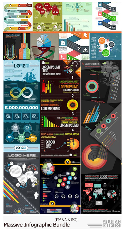 دانلود مجموعه تصاویر وکتور نمودار های اینفوگرافیکی متنوع - Massive Infographic Bundle