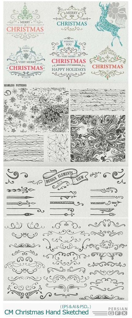 دانلود مجموعه تصاویر وکتور عناصر تزئینی کریسمس - CM Christmas Hand Sketched
