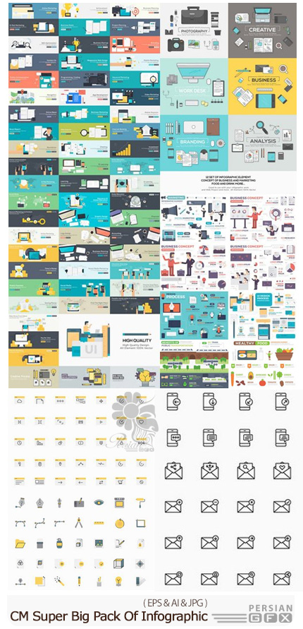 دانلود مجموعه تصاویر وکتور نمودار های اینفوگرافیکی و آیکون های تخت و خطی متنوع - CM Super Big Pack Of Infographic