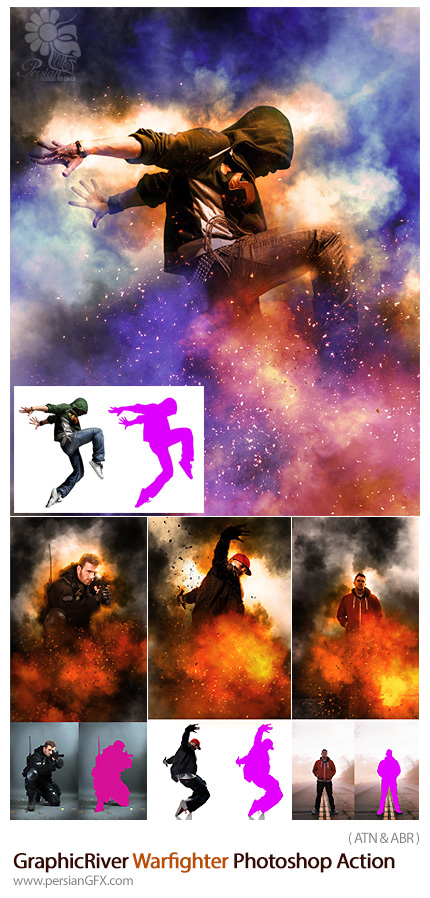 دانلود اکشن فتوشاپ ایجاد افکت جنگی آتشی بر روی تصاویر از گرافیک ریور - GraphicRiver Warfighter Photoshop Action