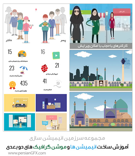 مجموعه آموزشی سرزمین انیمیشن سازی دو بعدی در افتر افکت به همراه کاراکتر های باحجاب و شهر های ایران - به زبان فارسی