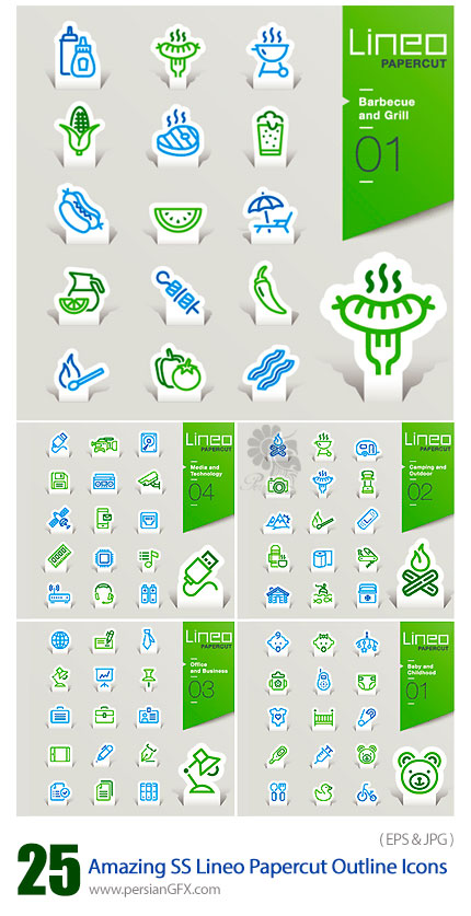 دانلود تصاویر وکتور آیکون های متنوع برچسب خطی از شاتر استوک - Amazing ShutterStock Lineo Papercut Outline Icons