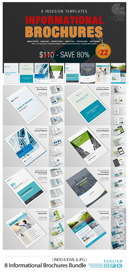 دانلود 8 قالب بروشور تجاری با فرمت ایندیزاین - CreativeMarket 8 Informational Brochures Bundle