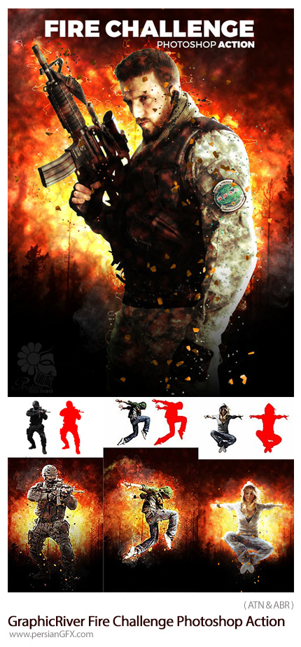 دانلود اکشن فتوشاپ ایجاد افکت چالش آتش بر روی تصاویر از گرافیک ریور - GraphicRiver Fire Challenge Photoshop Action