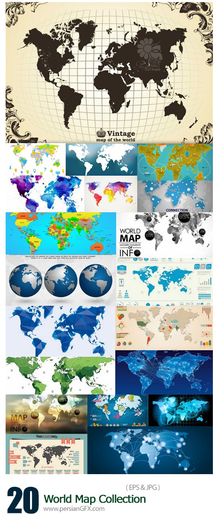 دانلود تصاویر وکتور نقشه های مختلف جهان - World Map Collection