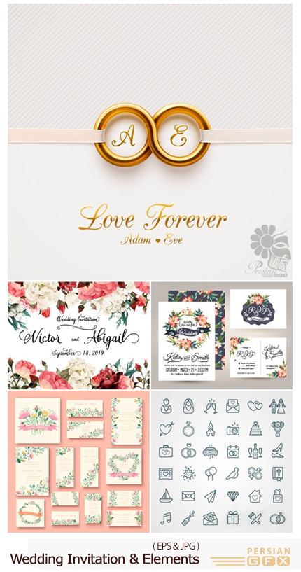 دانلود تصاویر وکتور کارت دعوت وعناصر طراحی جشن عروسی از شاتر استوک - Amazing ShutterStock Wedding Invitation And Elements