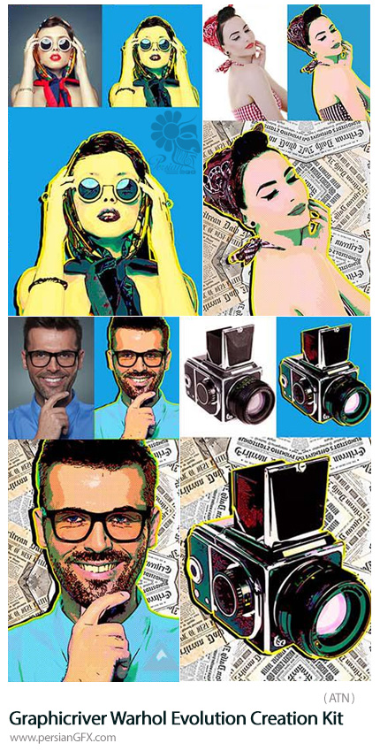دانلود اکشن فتوشاپ ایجاد افکت نقاشی پاپ آرت سبک اندی وارهول از گرافیک ریور - Graphicriver Warhol Evolution Creation Kit