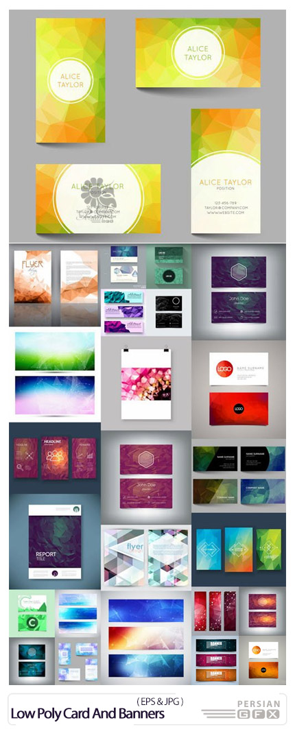 دانلود تصاویر وکتور کارت ویزیت و بنر با طرح پولیکانی یا چند ضلعی - Low Poly Card And Banners