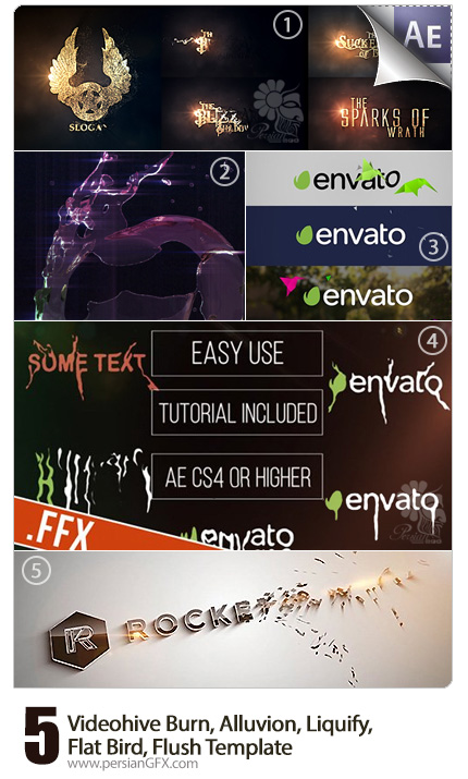 دانلود 5 افکت آماده نمایش لوگو در افترافکت از ویدئو هایو - Videohive Burn, Alluvion, Liquify, Flat Bird, Flush Template