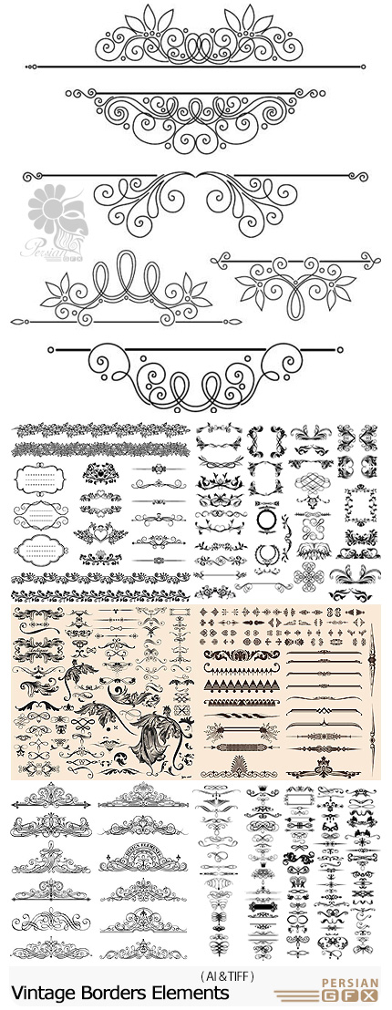 دانلود تصاویر وکتور عناصر تزئینی قدیمی، فریم، قاب و حاشیه، بت و جقه - Vectors Vintage Borders Elements