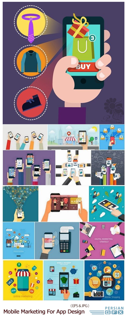 دانلود تصاویر وکتور عناصر طراحی فروشگاه های اینترنتی برای برنامه های موبایل - Mobile Marketing For App Design