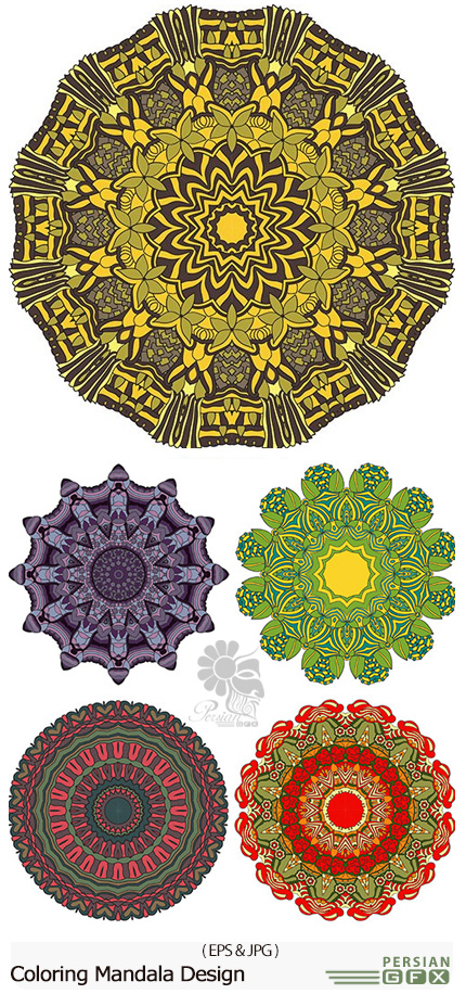 دانلود تصاویر وکتور عناصر تزئینی رنگارنگ ماندالا - Coloring Mandala Design