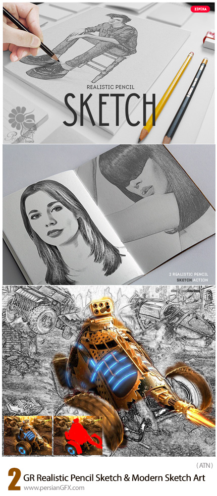دانلود 2 اکشن فتوشاپ تبدیل تصاویر به طرح اولیه نقاشی مدرن از گرافیک ریور - GraphicRiver Realistic Pencil Sketch And Modern Sketch Art Action